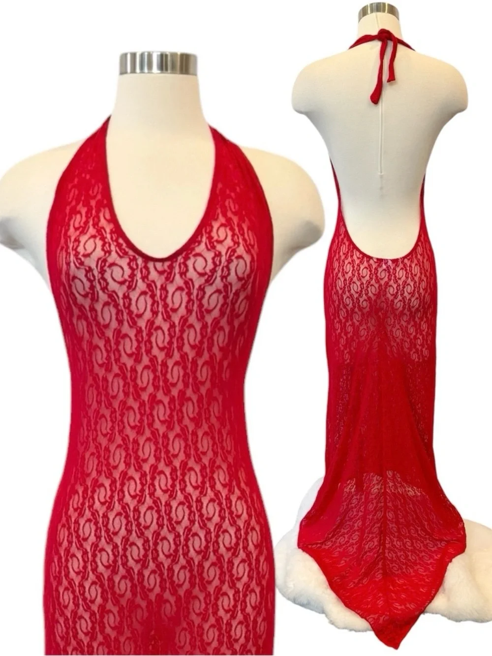 Y2K Victoria’s Secret Red Sheer Stretch Lace Train Vintage Maxi Gown Slip Dress
